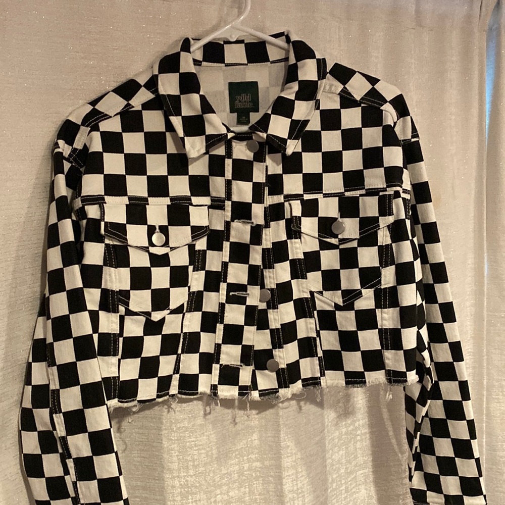 Cropped checkered denim jacket